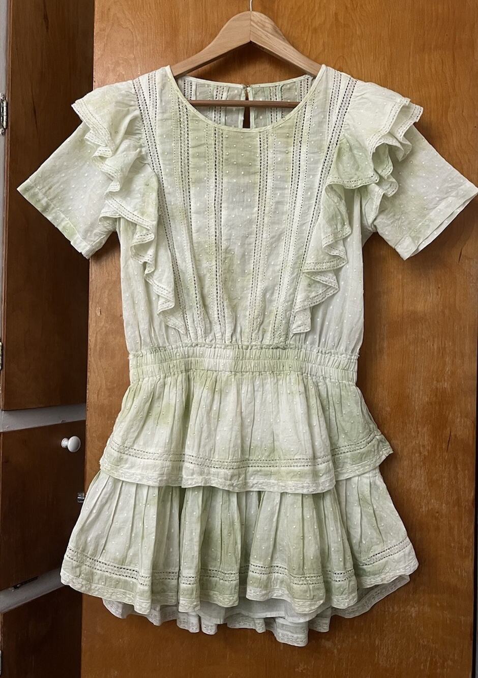 Loveshackfancy Natasha Tie Dye Mini Dress Moss Green Ruffle Lace Boho Sz M